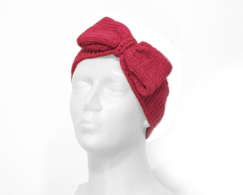 Red headband with bow, knitted fancy warmer, adjustable hairband image 1