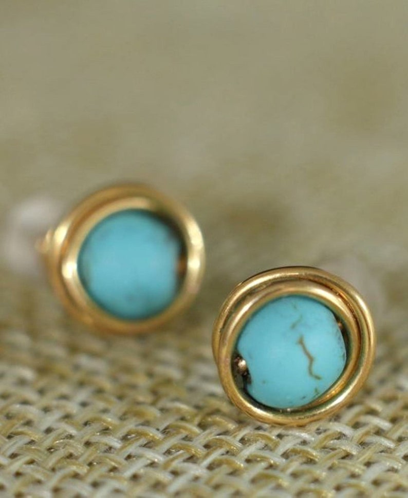 Turquoise gold stud earrings, wire wrapped minimalist earrings for women or men, small dainty stone studs gold plated, mens stud earrings image 6