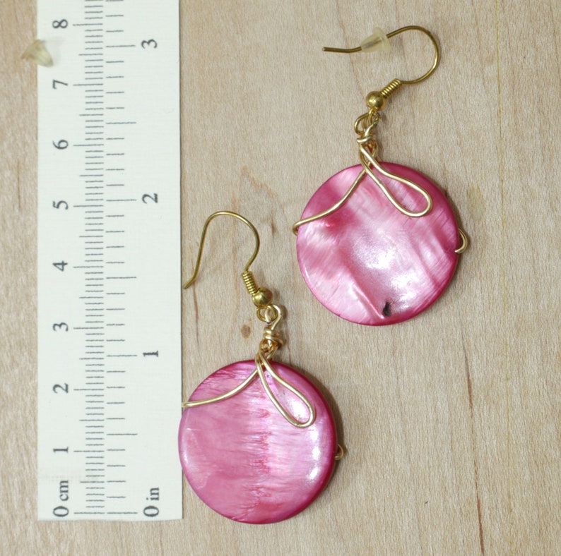 Pink dangle earrings, MOP wire wrapped summer party jewelry image 8