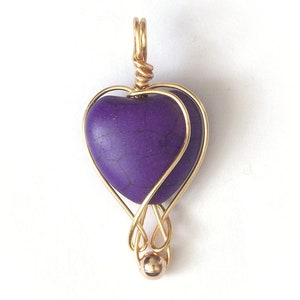 Purple heart wire wrapped pendant, love charm image 1