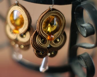 Glamour soutache earrings, dangle statement earrings, handmade embroidery