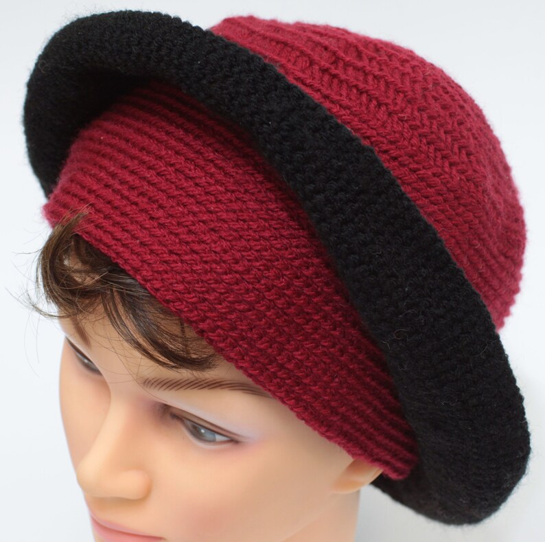 Red cloche crochet hat, winter warm hat, red and black boho hat image 1