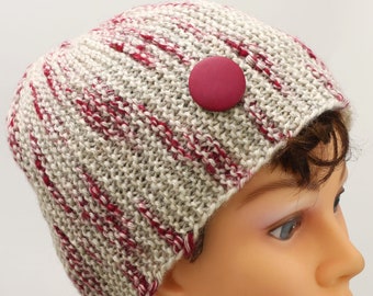 Knitted cloche hat for women with a big head, gray red soft hand knit hat, elegant head warmer chemo hat, handmade knitted womens cloche hat