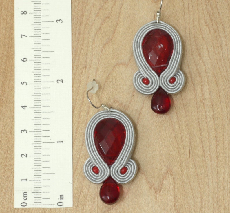 Dangle drop soutache embroidery earrings, red elegant and original anniversary jewelry, unique handmade Christmas holidays fashion earrings image 6