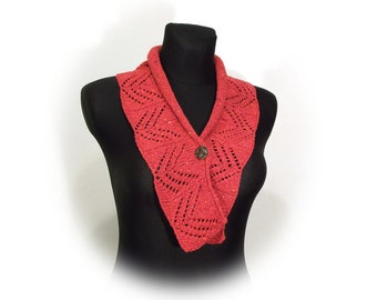 Hand gebreide korte sjaalkraag, rode gebreide grote afneembare kanten kraag, katoenen sjaalkraag voor vrouwen plus size, handgemaakte gebreide kant