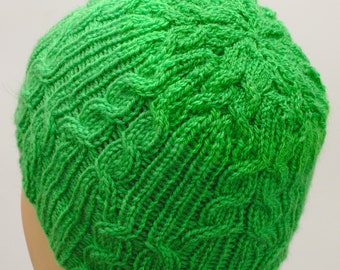 Hand knit hat cable beanie adult or teenager, green knitted chemo hat women men everyday beanie hat, homemade cable knit hats unisex design