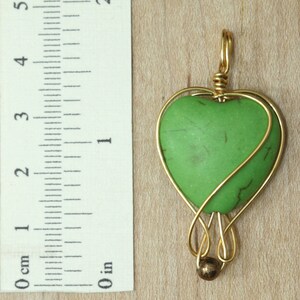 Green heart pendant, love charm, gold plated wire wrapping, minimalism image 5