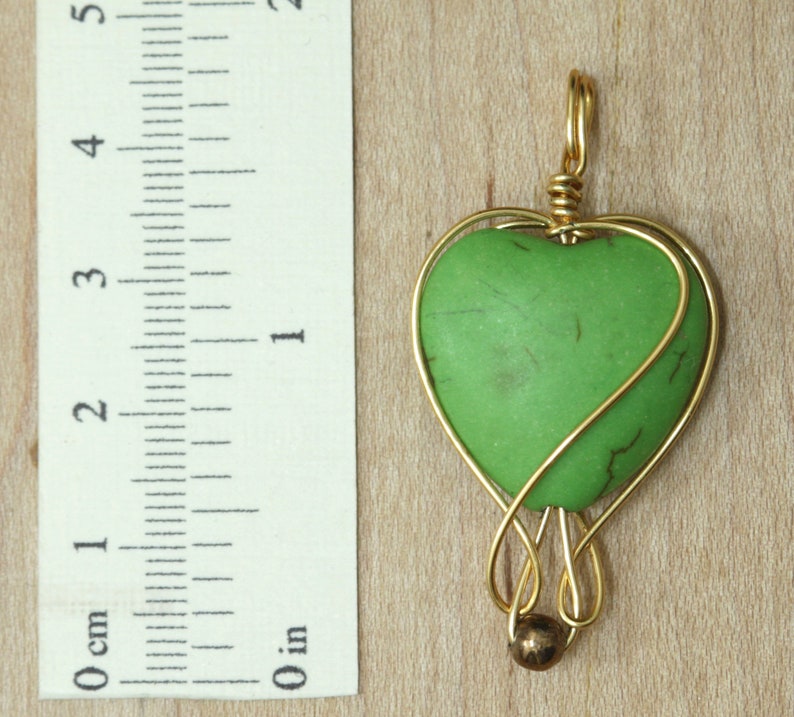 Green heart pendant, love charm, gold plated wire wrapping, minimalism image 5