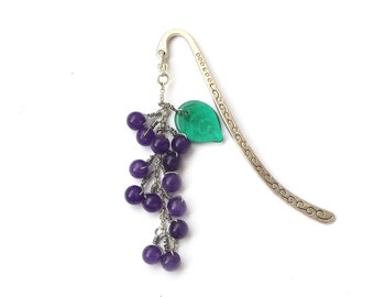 Marque-page en métal avec un joli perle de jade violet fait à la main pompon charme détachable, cadeau chic pour dame, cadeau pour les lecteurs, idée cadeau pour les amateurs de livres