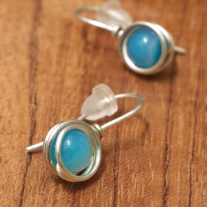 Blue agate wire wrapped earrings, gemstone minimalist jewelry image 4