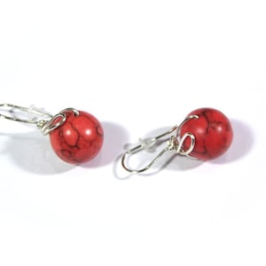 Red howlite 1 inch earrings, silver minimalist wire wrapped posts image 1