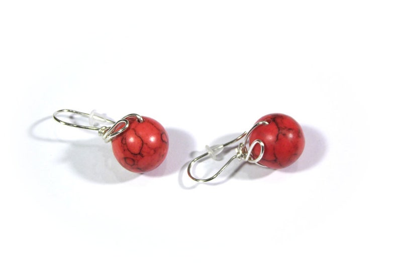 Red howlite 1 inch earrings, silver minimalist wire wrapped posts image 1