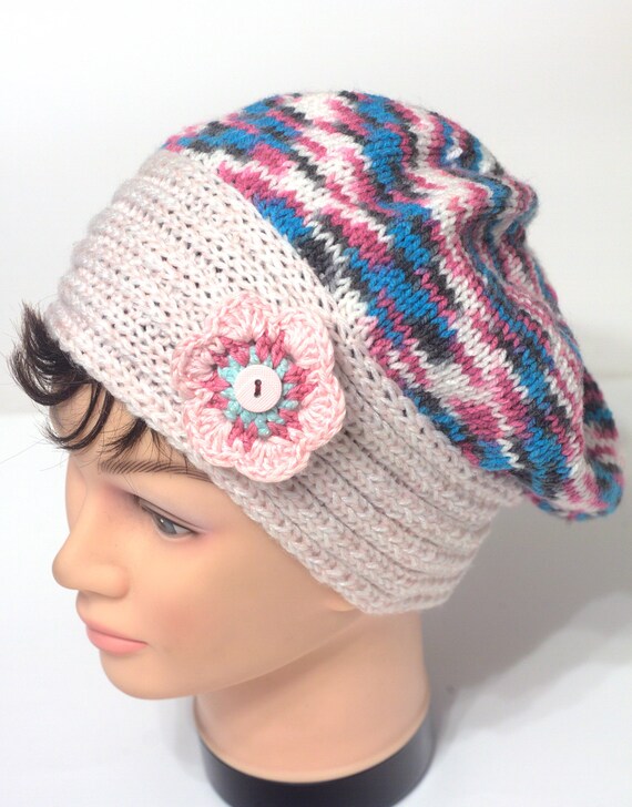 Hand Knit Slouchy Beanie: Multicolor Chemo Hat With Pink  display picture 2