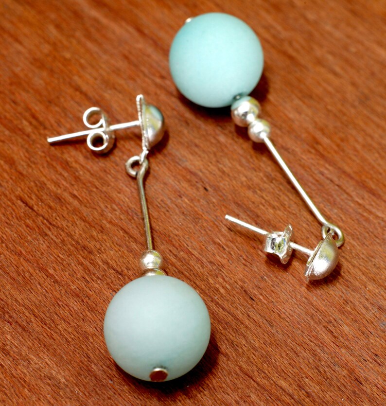 Pastel blue earrings, long drop sterling silver stud earrings, dangle screw back studs, light blue gemstone ball minimalist dangle earrings imagem 4