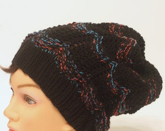 Hand gebreide kant zwarte slouchy beanie muts, handgemaakte gebreide unisex zwarte muts, bad hair day slouchy muts, boho hippie lichtgewicht hoed