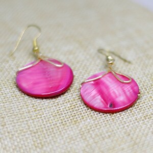 Pink dangle earrings, MOP wire wrapped summer party jewelry image 6