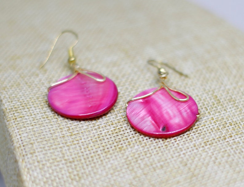 Pink dangle earrings, MOP wire wrapped summer party jewelry image 6