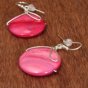 Pink dangle earrings, MOP wire wrapped summer party jewelry image 9