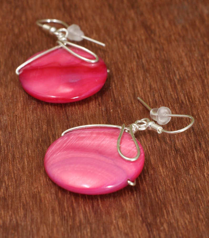 Pink dangle earrings, MOP wire wrapped summer party jewelry image 9