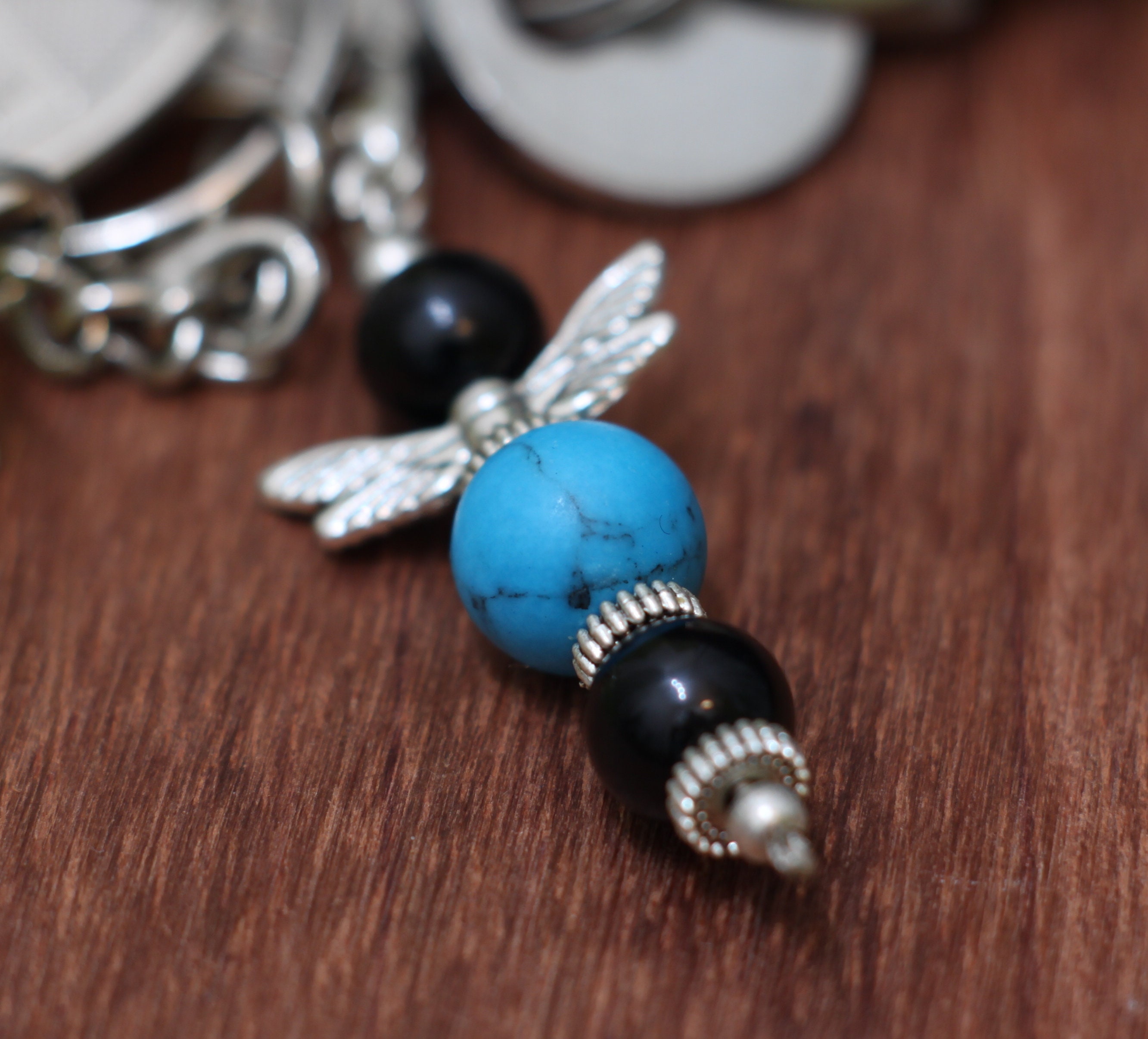 Black Turquoise Keychain, Key Ring or Zipper Bag Charm, Purse Pendant