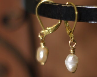 Small Pearl Dangle Earrings: Gold-Plated Wire Wrapped Wedding Jewelry