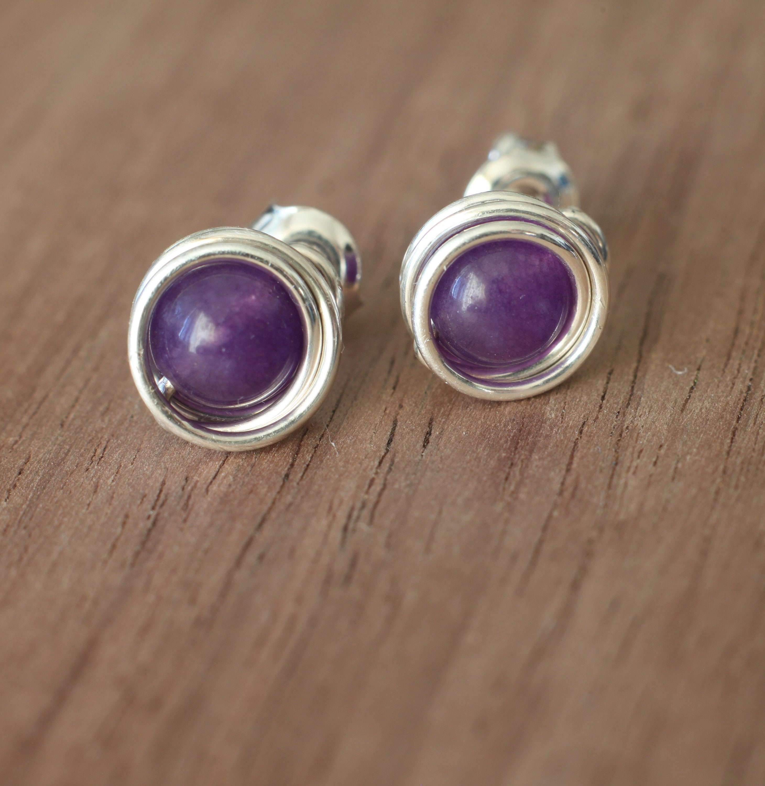 Luck Beauty 10mm Natural Purple Jade Stud Earrings, 18K Gold Plated, Yellow Gold Copper Base