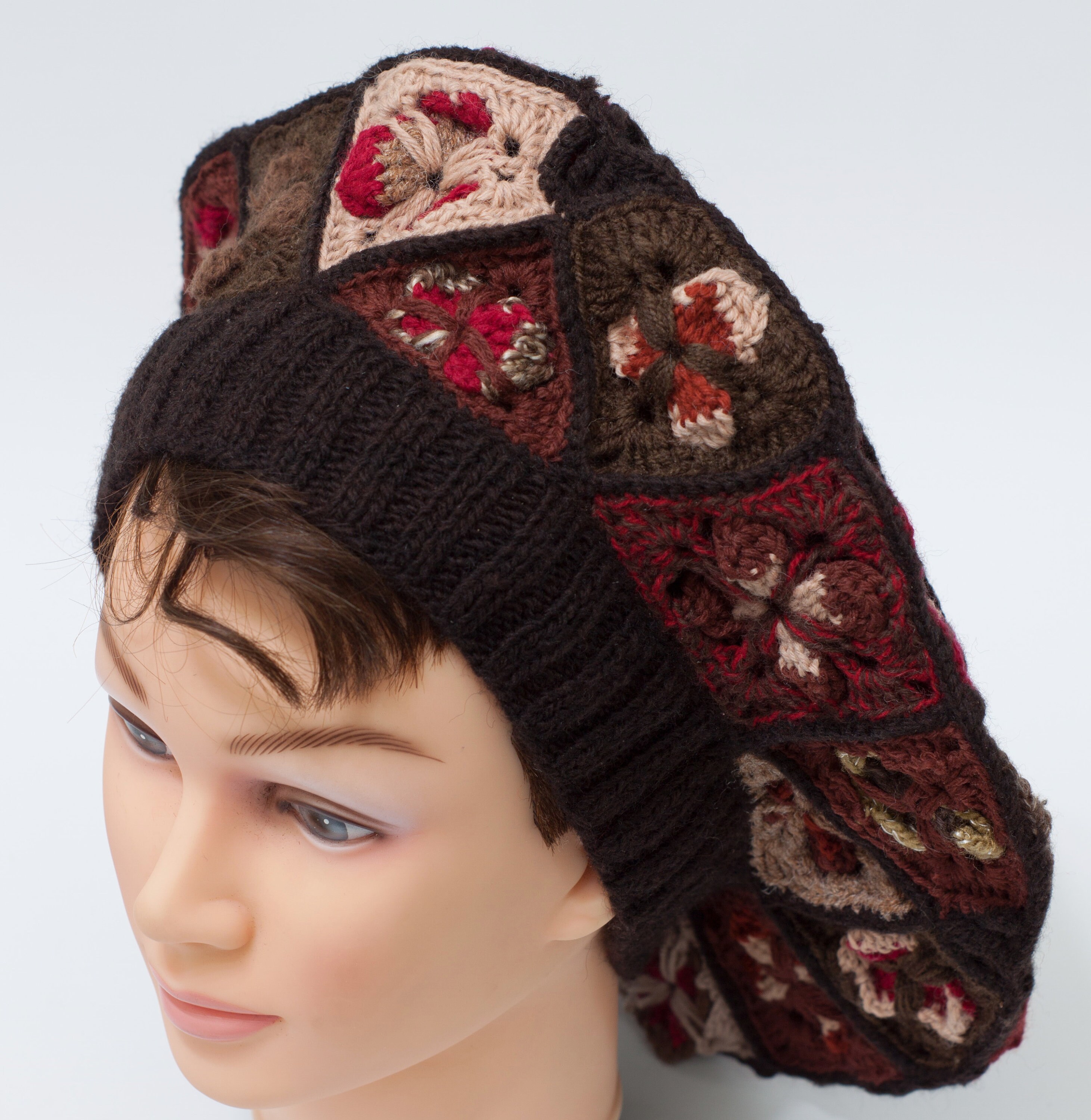 Crochet Boho Beret Warm Hat for Woman Brown Red Squares Etsy