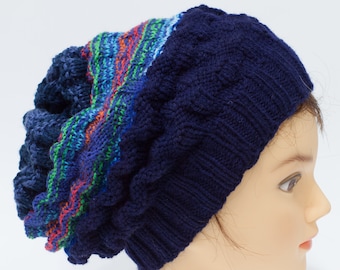 Knitted slouchy hat, navy blue beanie for him, boyfriend men teenager