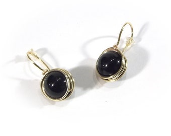 Gold plated black earrings, gemstone minimalist wire wrapped posts