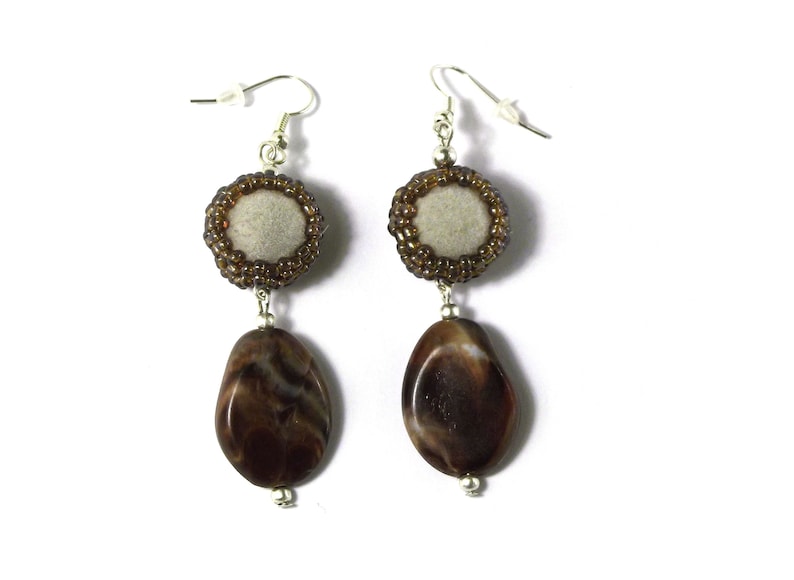 Long dangle beaded earrings, brown one of a kind handcrafted jewelry, boho chic image 1