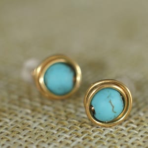 Turquoise gold stud earrings, wire wrapped minimalist earrings for women or men, small dainty stone studs gold plated, mens stud earrings image 1