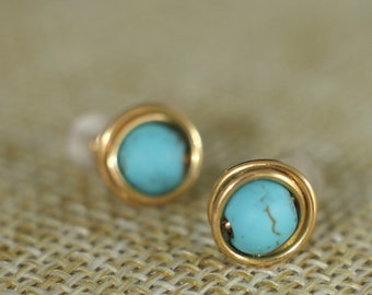 Turquoise gold stud earrings, wire wrapped minimalist earrings for women or men, small dainty stone studs gold plated, mens stud earrings