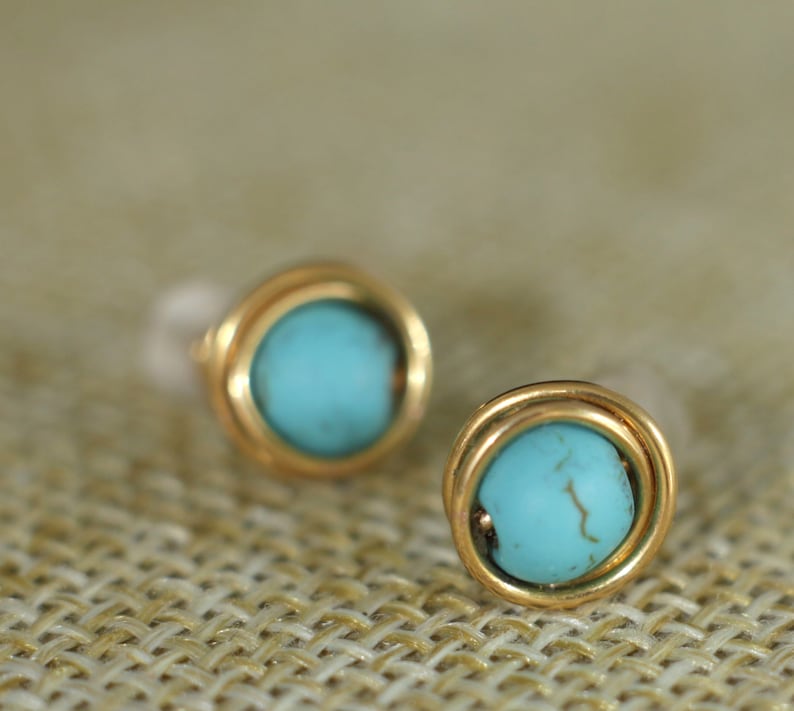 Turquoise gold stud earrings, wire wrapped minimalist earrings for women or men, small dainty stone studs gold plated, mens stud earrings image 1