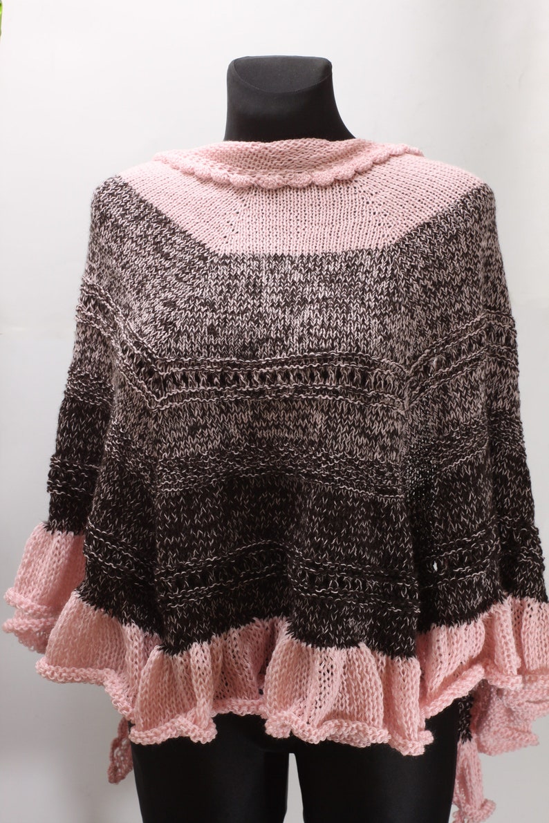 Shawl wrap up with frill, pink brown knitted warmer, breastfeeding cover image 4