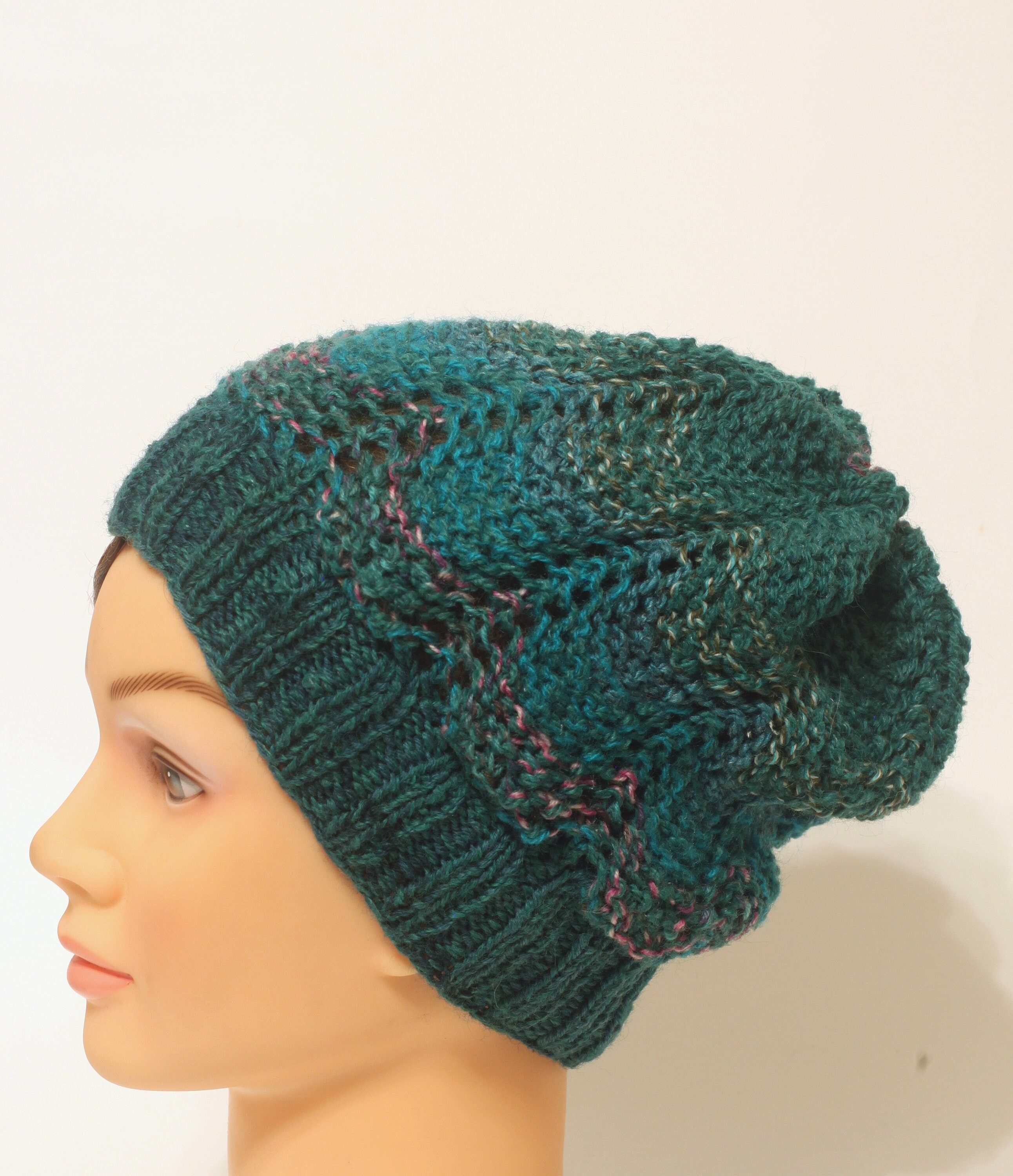 Hand Knitted Lace Green Beanie Hat for 