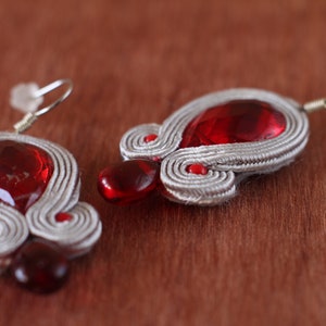 Dangle drop soutache embroidery earrings, red elegant and original anniversary jewelry, unique handmade Christmas holidays fashion earrings image 5