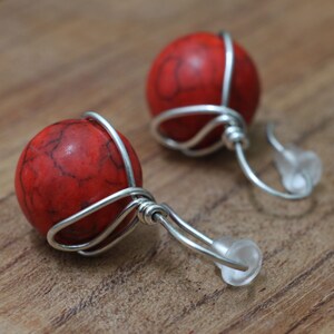 Red howlite 1 inch earrings, silver minimalist wire wrapped posts image 6