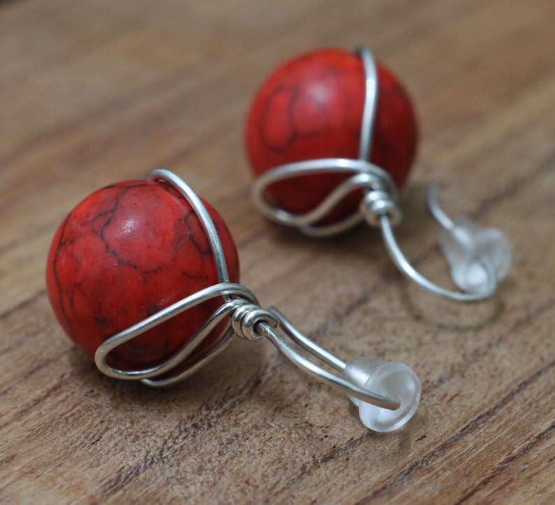 Red howlite 1 inch earrings, silver minimalist wire wrapped posts image 6