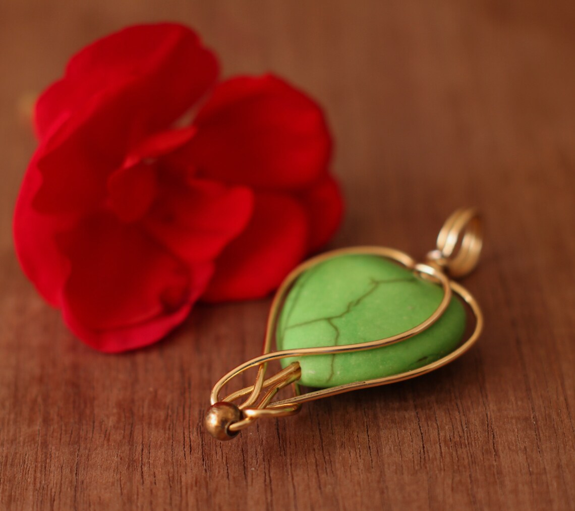 Green Heart Pendant Love Charm Gold Plated Wire Wrapping Etsy
