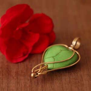 Green heart pendant, love charm, gold plated wire wrapping, minimalism image 2