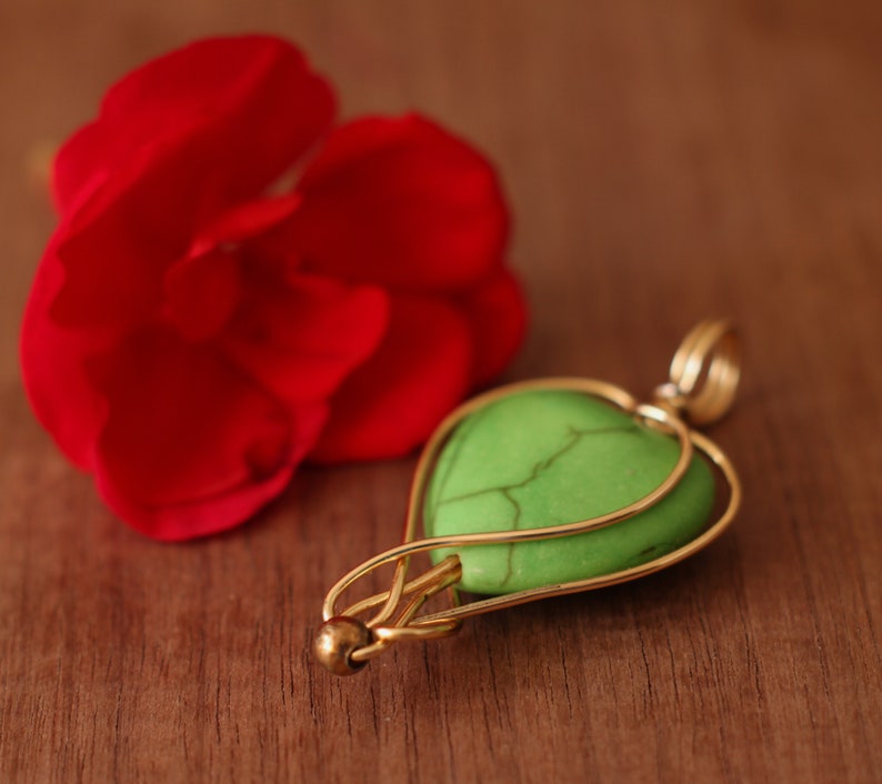 Green heart pendant, love charm, gold plated wire wrapping, minimalism image 2