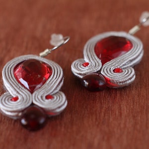 Dangle drop soutache embroidery earrings, red elegant and original anniversary jewelry, unique handmade Christmas holidays fashion earrings image 3