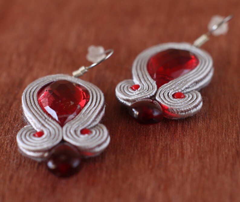 Dangle drop soutache embroidery earrings, red elegant and original anniversary jewelry, unique handmade Christmas holidays fashion earrings image 3