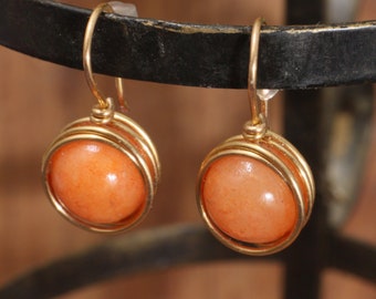 Orange post earrings, wire wrapped minimalist jewelry