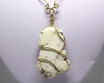 Howlite natural off white stone necklace, pendant medallion on handmade chain, contemporary boho wire wrapping