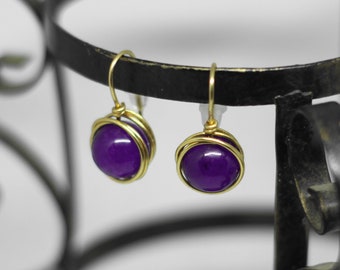Earrings purple jade, wire wrapped violet jewelry