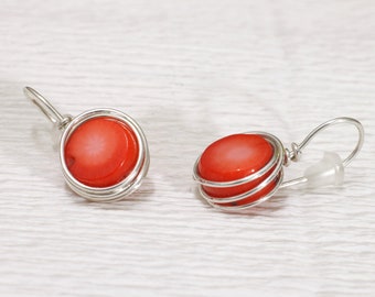 Red coral post earrings, wire wrapped silver minimalist jewelry