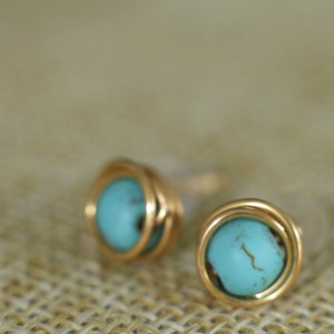 Turquoise gold stud earrings, wire wrapped minimalist earrings for women or men, small dainty stone studs gold plated, mens stud earrings image 2