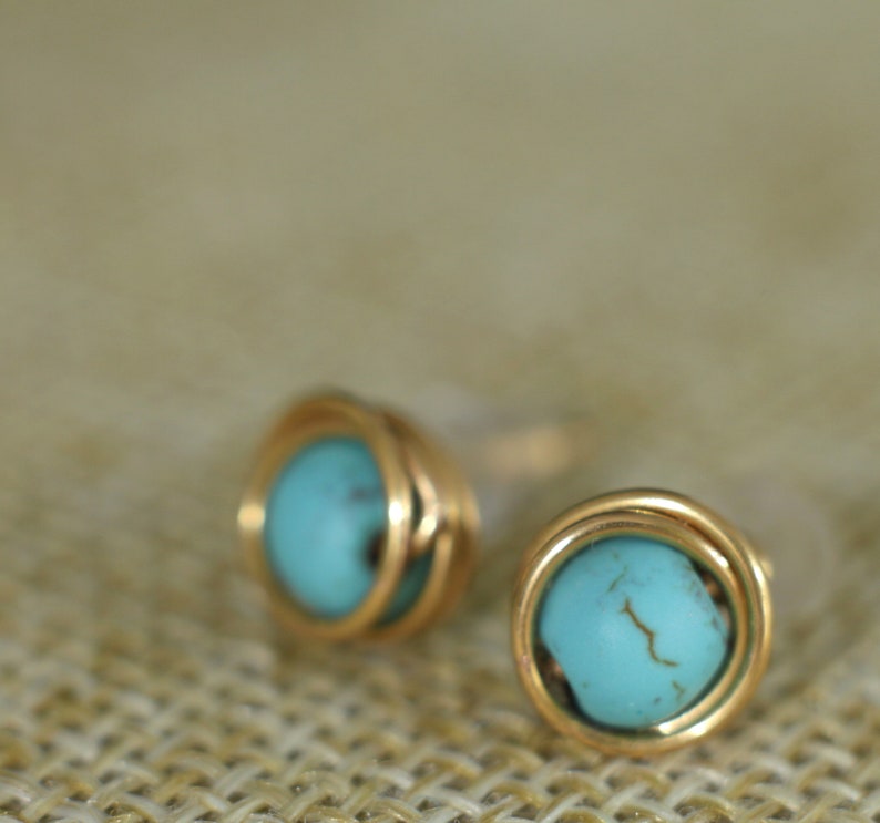 Turquoise gold stud earrings, wire wrapped minimalist earrings for women or men, small dainty stone studs gold plated, mens stud earrings image 2