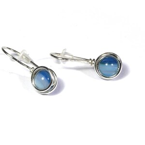 Blue agate wire wrapped earrings, gemstone minimalist jewelry image 1